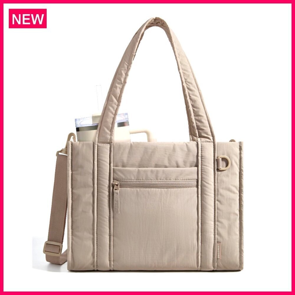 Small Quilted Tote Bag with Zipper, Crossbody Strap, Laptop Compartment,